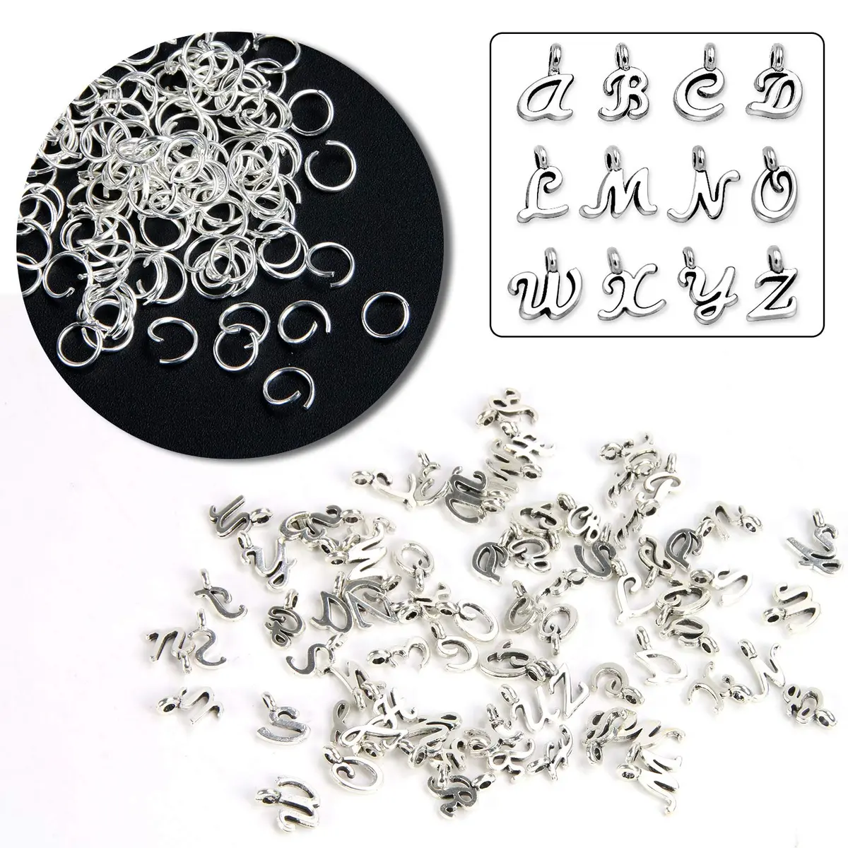 SANNIX Silver Letter Charms Alphabet A-Z Mini Cursive 0.39"-0.51" | DIY Jewelry - view 3