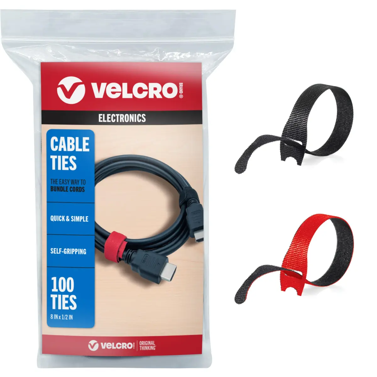 VELCRO Brand ONE-WRAP Cable Ties, 8in x 1/2in (20.3cm x 1.27cm), Black/Red, 100 Pack | Reusable Self-Fastening Wire Organizers - main product image