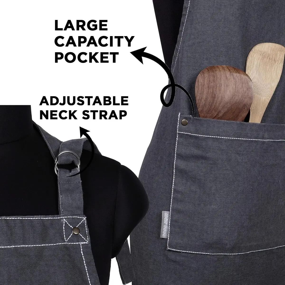 AMOUR INFINI Cotton Solid Apron with Pocket & Adjustable Strap - 72x81cm (27.5x33 Inches) | Washed Gray Chef Apron - view 2