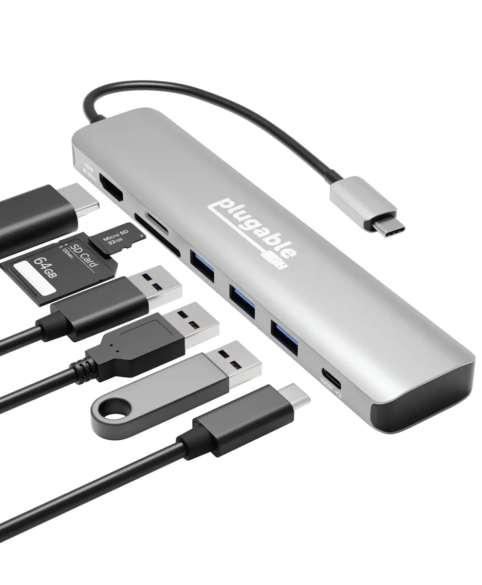 Plugable USB-C Hub 7-in-1 for Single HDMI Display | Driverless Hub, 100W Power Delivery, 4K HDMI, USB 3.0 Ports, SD/microSD Card Reader - main product image