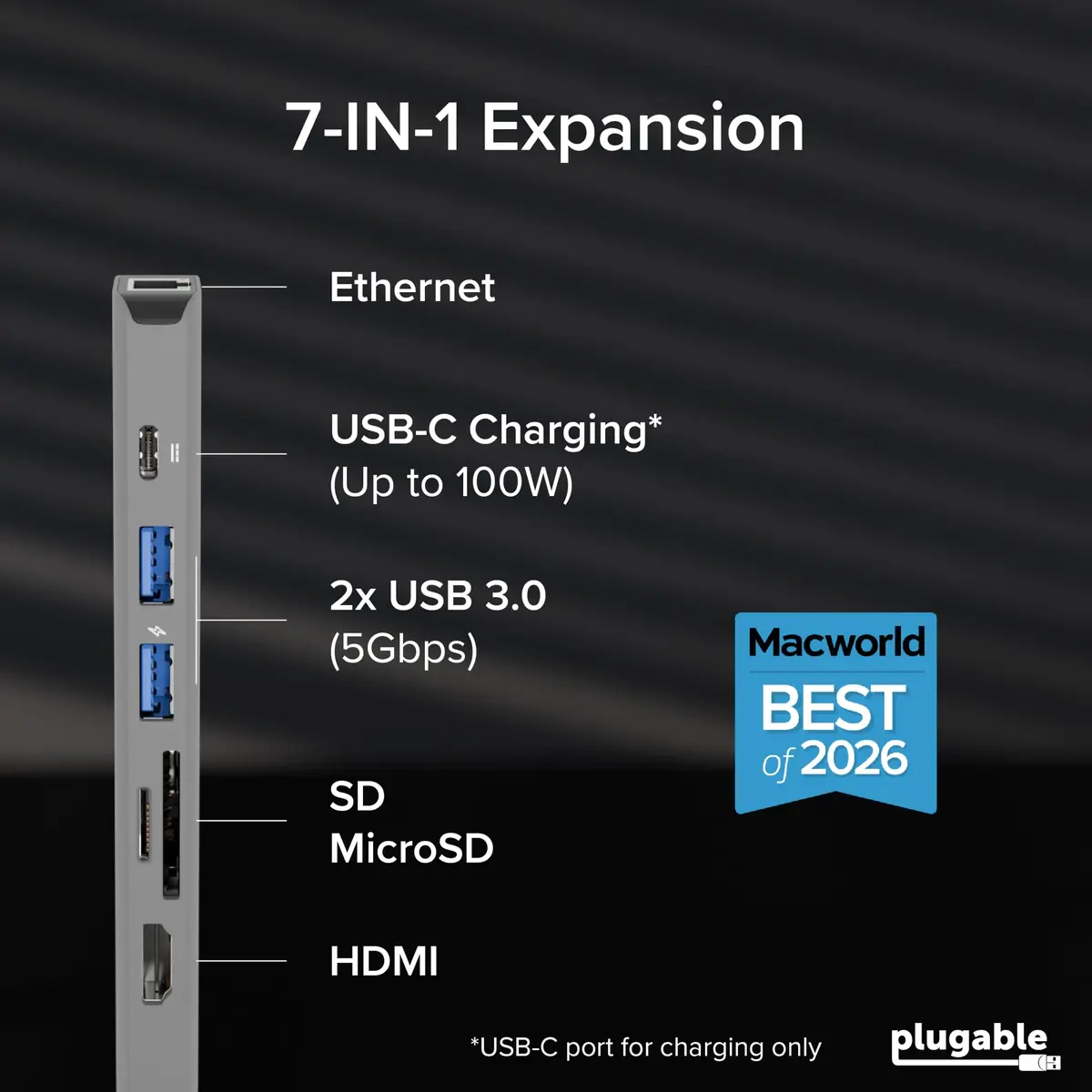 Plugable USB-C Hub 7-in-1 for Single HDMI Display | Driverless Hub, 100W Power Delivery, 4K HDMI, USB 3.0 Ports, SD/microSD Card Reader - view 2