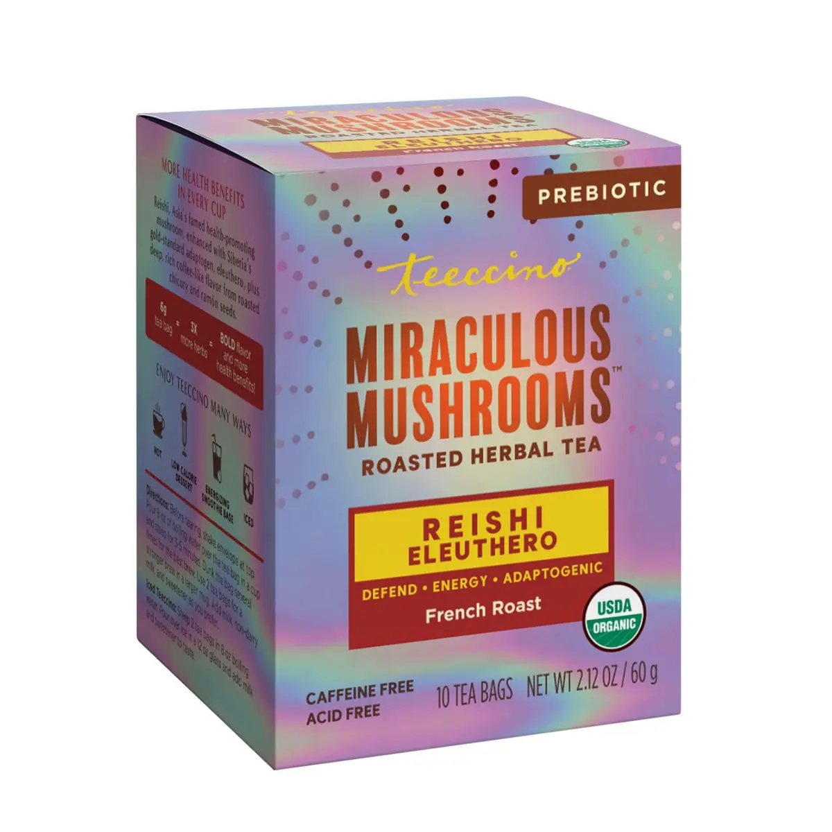 Teeccino Reishi Eleuthero Tea - French Roast - 10 TeaBags | Organic Mushroom Adaptogenic Herbal Tea, Caffeine Free, Chicory Prebiotic - main product image