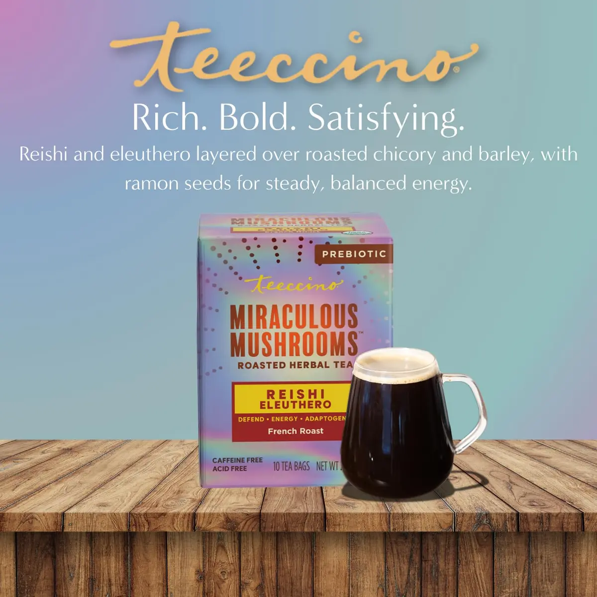 Teeccino Reishi Eleuthero Tea - French Roast - 10 TeaBags | Organic Mushroom Adaptogenic Herbal Tea, Caffeine Free, Chicory Prebiotic - view 6