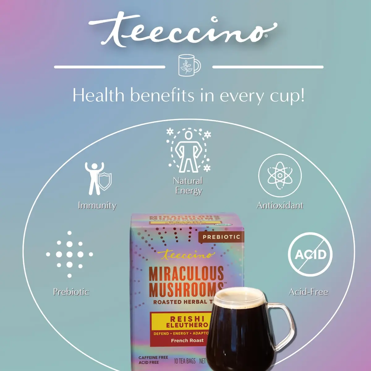 Teeccino Reishi Eleuthero Tea - French Roast - 10 TeaBags | Organic Mushroom Adaptogenic Herbal Tea, Caffeine Free, Chicory Prebiotic - view 4