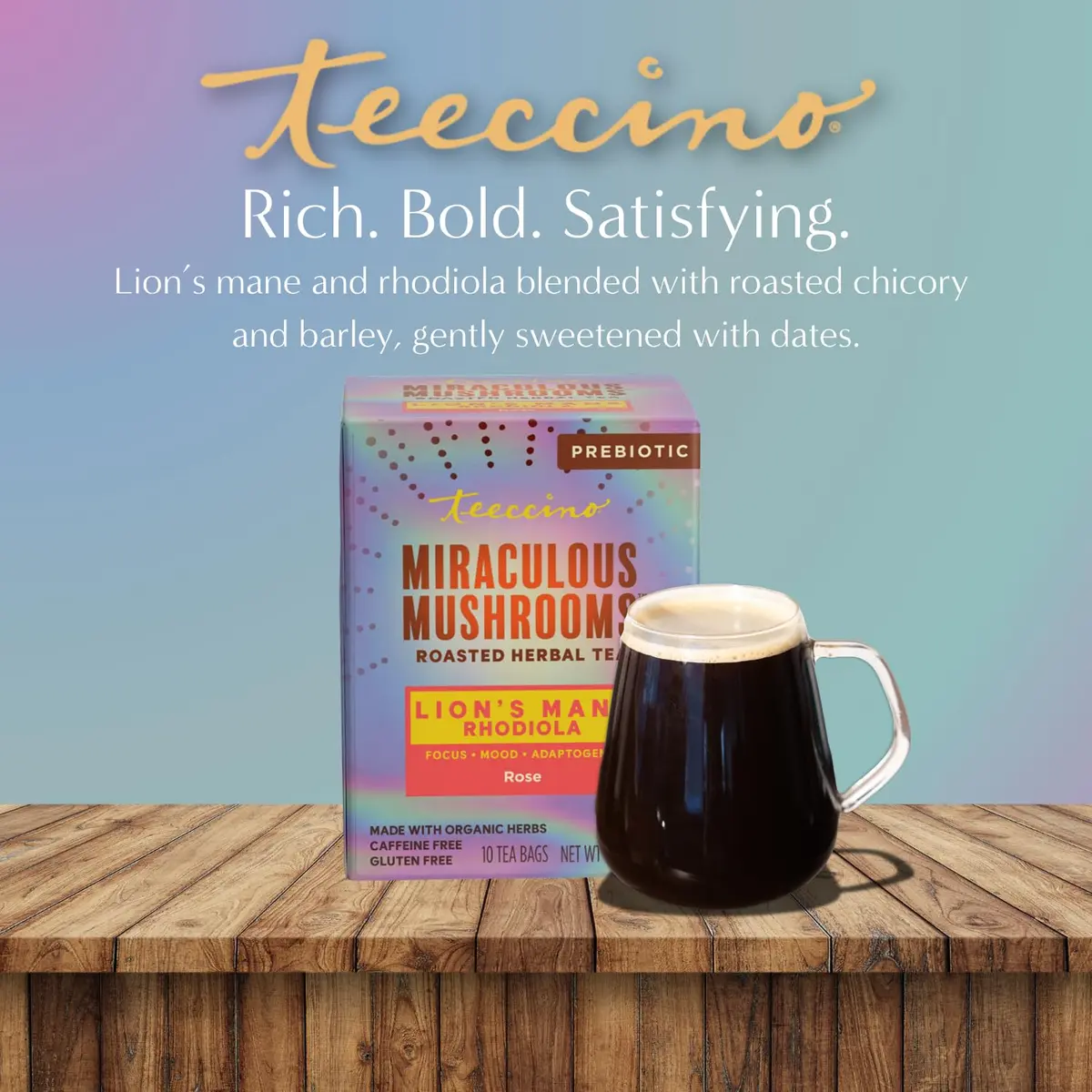 Teeccino Caffeine-Free Mushroom Adaptogenic Herbal Tea - 10 Tea Bags | Lion’s Mane Rhodiola Rose, Lightly Sweet from Dates & Figs - view 6