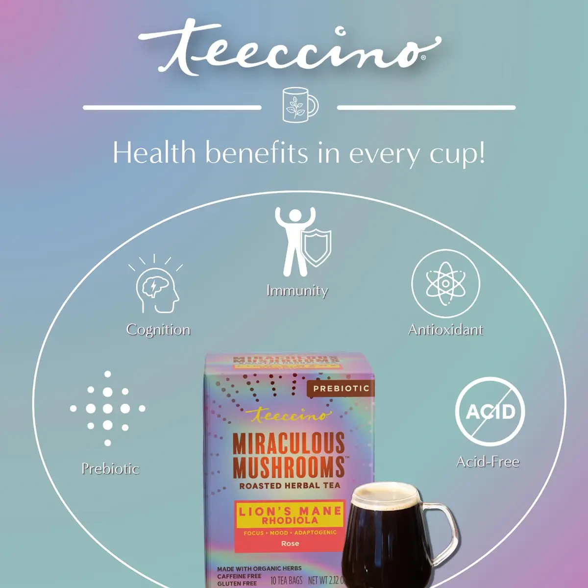 Teeccino Caffeine-Free Mushroom Adaptogenic Herbal Tea - 10 Tea Bags | Lion’s Mane Rhodiola Rose, Lightly Sweet from Dates & Figs - view 4
