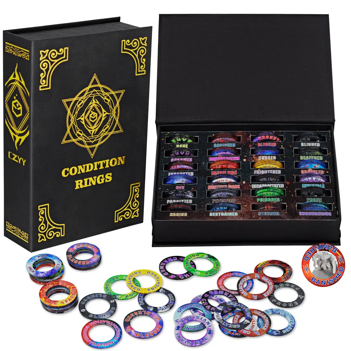 CZYY DND Condition Rings, 96 Status Effect Markers with Storage Box | ABS Plastic, Color Printed Icons - main product image