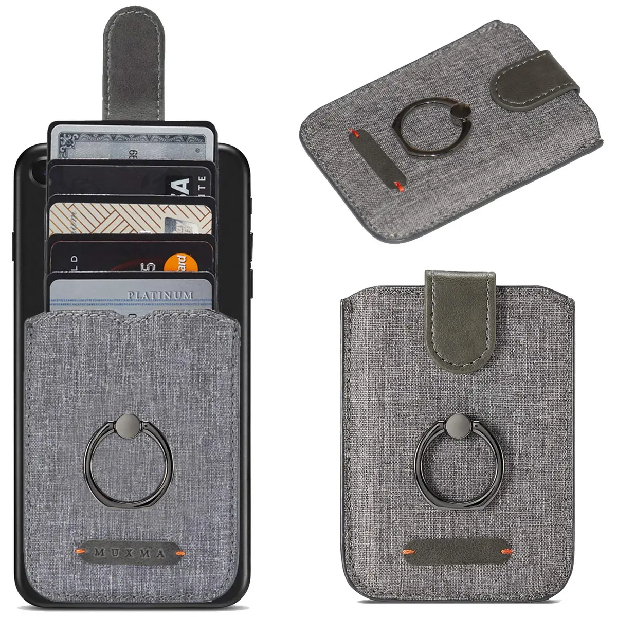 BIAJIYA Card Holder for Back of Phone, RFID 5 Pull Phone Wallet, Gray | RFID-Blocking, 5 Card Slots, Phone Stand - main product image