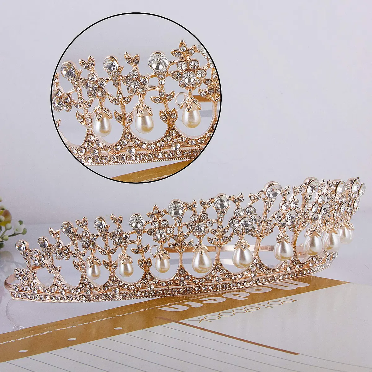 CROWN GUIDE Rose Gold Bridal Tiara Crown | Vintage Wedding Hair Jewelry (5.9 inches) - view 3