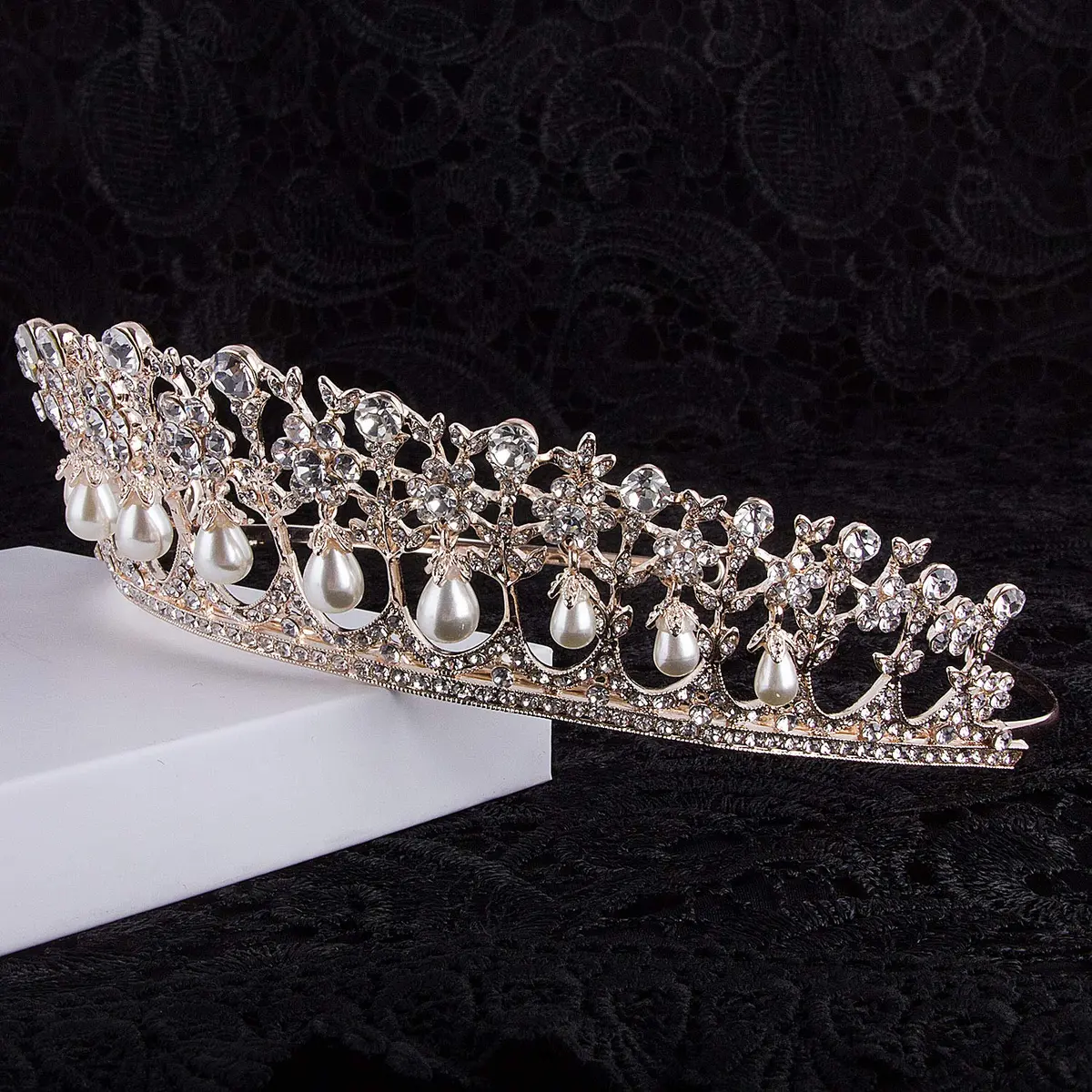 CROWN GUIDE Rose Gold Bridal Tiara Crown | Vintage Wedding Hair Jewelry (5.9 inches) - view 4
