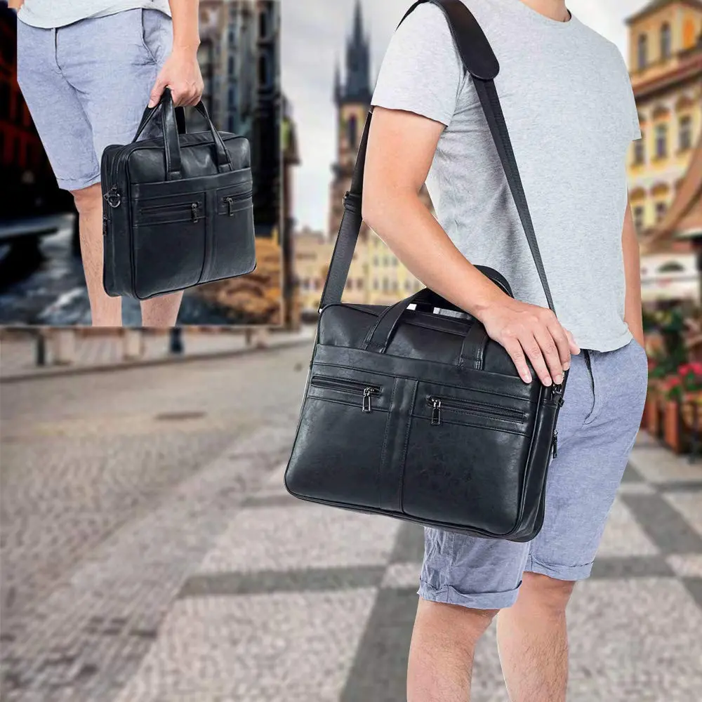seyfocnia Black Leather Messenger Bag for 17.3 Inch Laptops | Water-Resistant Business Satchel with Multiple Compartments - view 2