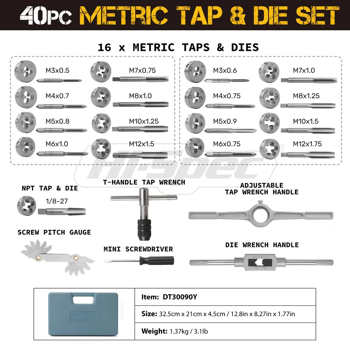 Hi-Spec 39pc Metric Tap and Die Set M3-M12 with Wrench and Gauge | Repair Worn Threads, Cut Clean New Threads - view 2