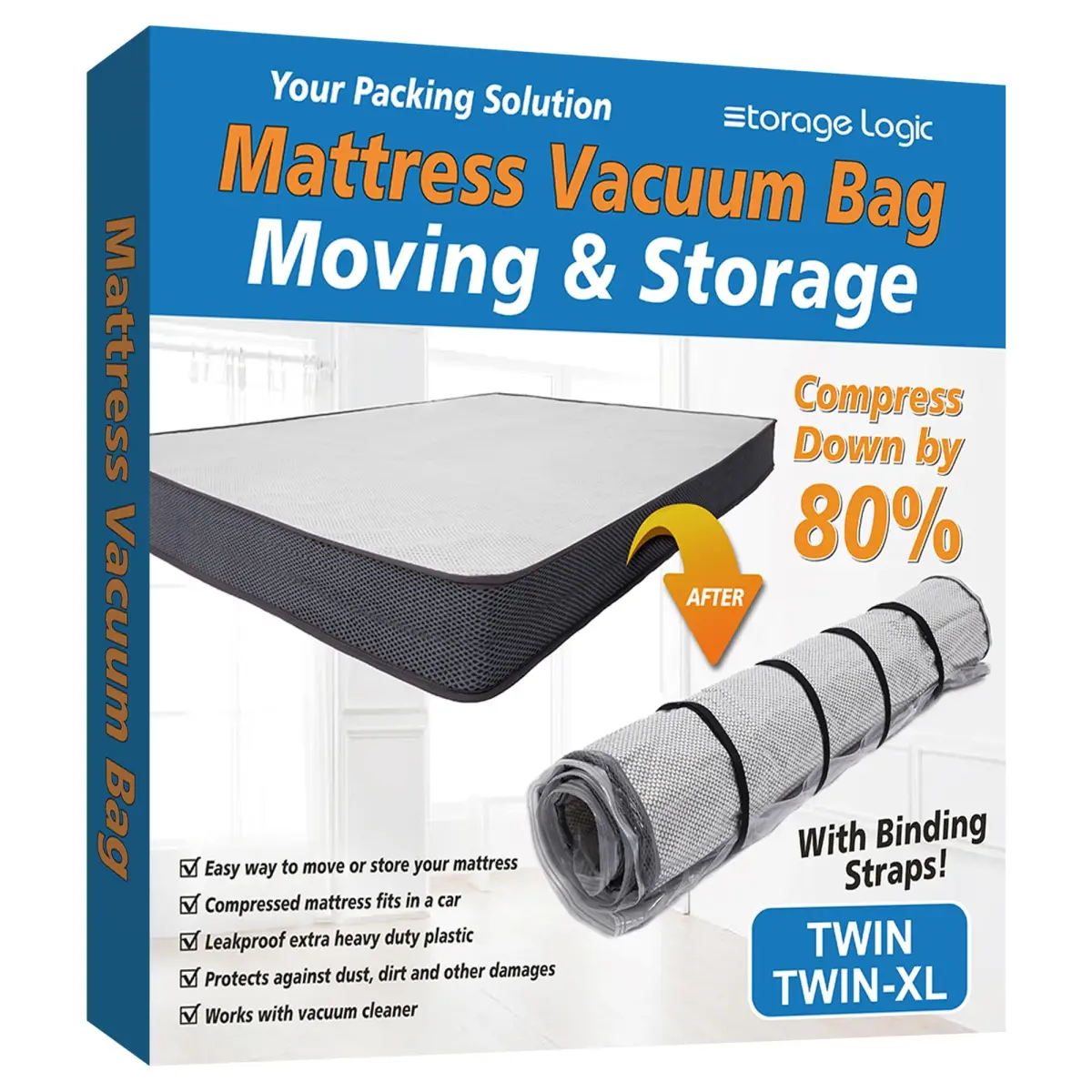 Storage Logic Twin/Twin-XL Mattress Vacuum Bag with 4 Straps | Compresses to 80% for Moving & Storage - main product image