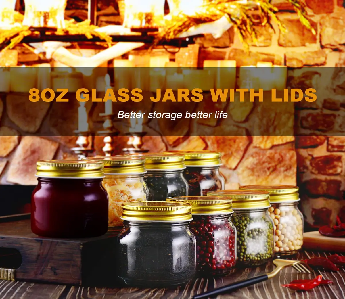 Rainforce Mason Jars 8 oz 30 Pack with Gold Lids | Food Storage & Canning - view 2
