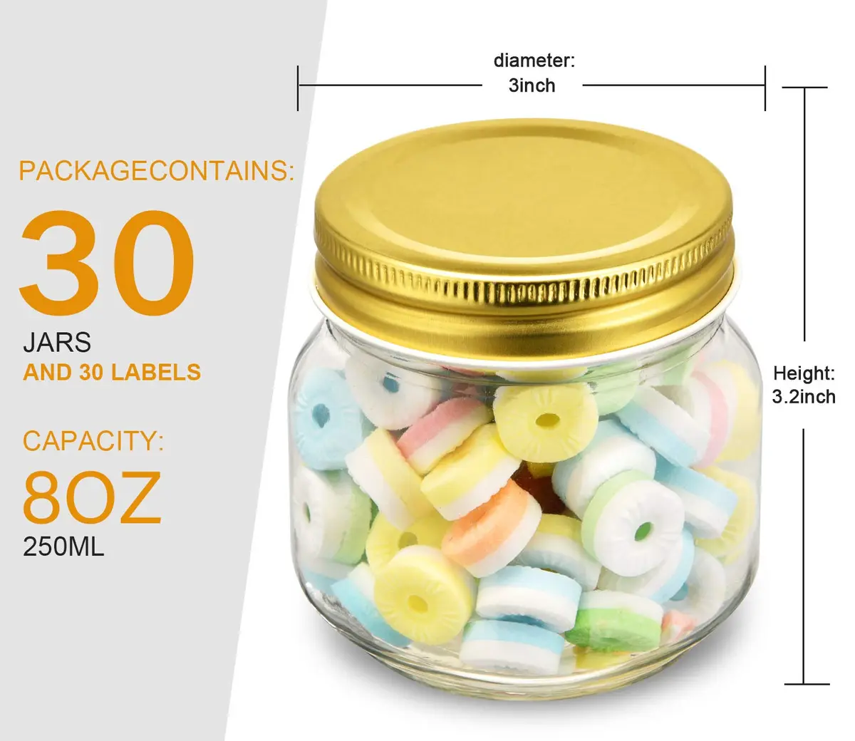 Rainforce Mason Jars 8 oz 30 Pack with Gold Lids | Food Storage & Canning - view 4