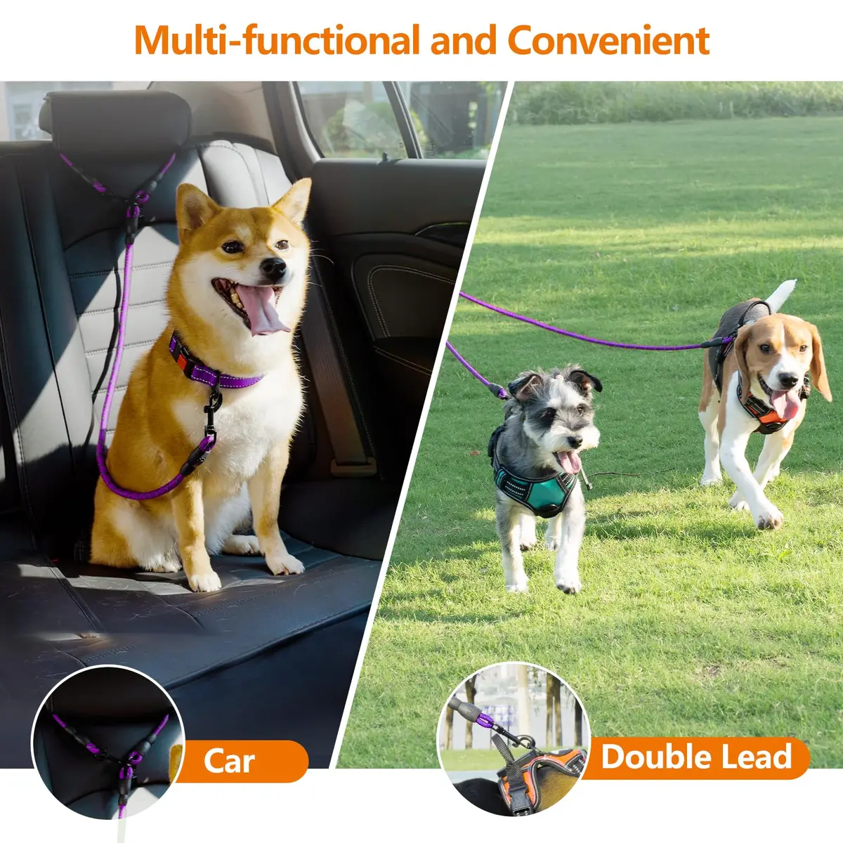 Taglory Double Dog Leash Coupler for Two Dogs, 76.2 cm (30 Inch) Purple | Tangle-Free Walks for Small to Medium Dogs - view 3