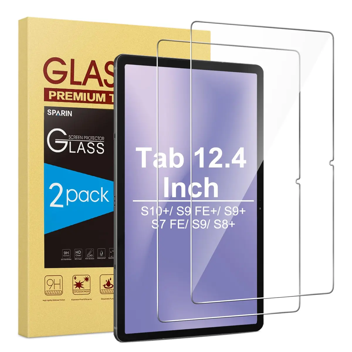 SPARIN Tempered Glass Screen Protector for Samsung Galaxy Tab S7 FE/S9 Plus/S9 FE Plus 12.4 Inch | 2-Pack HD Clear, S Pen Compatible - main product image