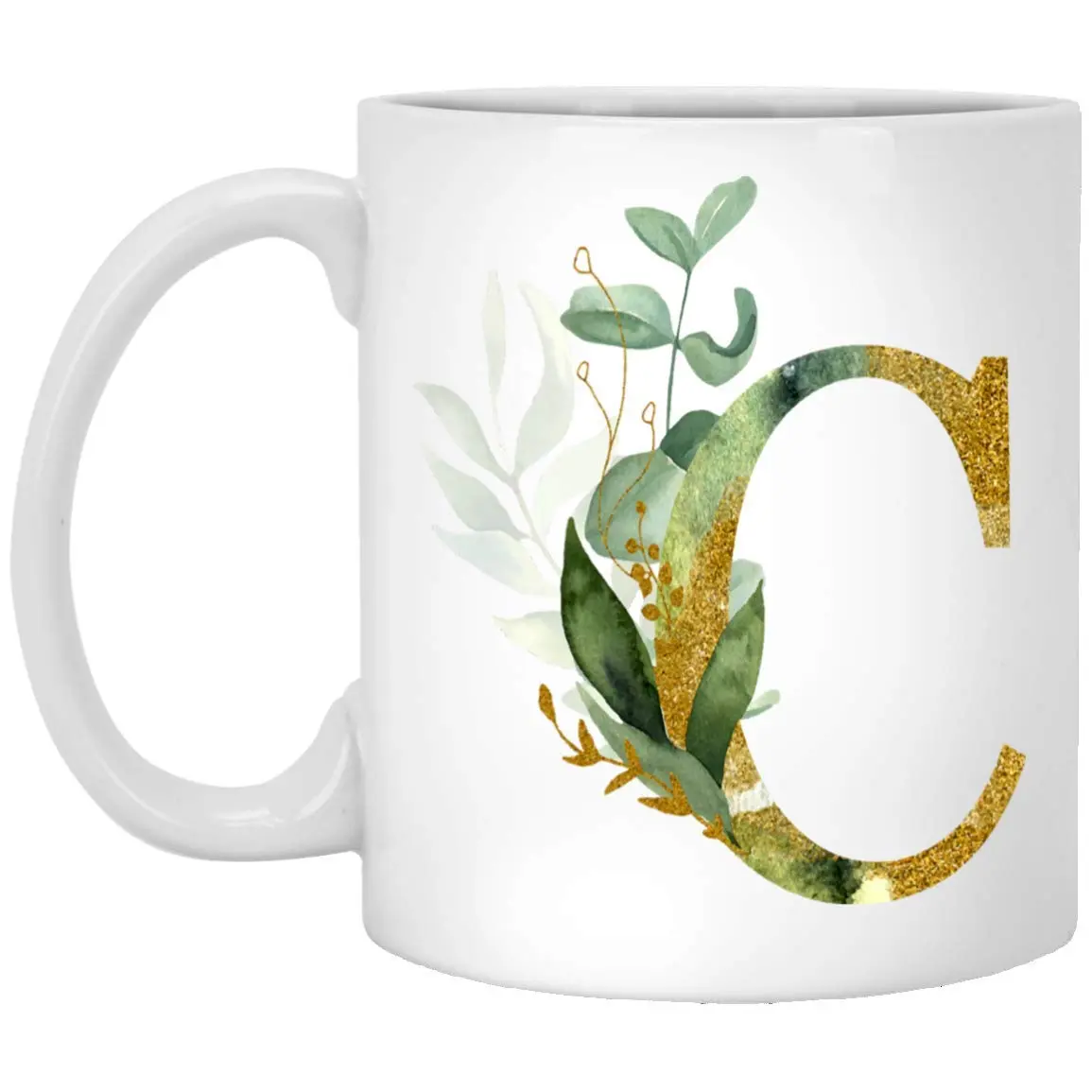 IRIDESCENT Alpha/C Graphic Letter C Coffee Mug 325ml (11 Ounces) | Gold Shimmer Floral Tea Cup - main product image