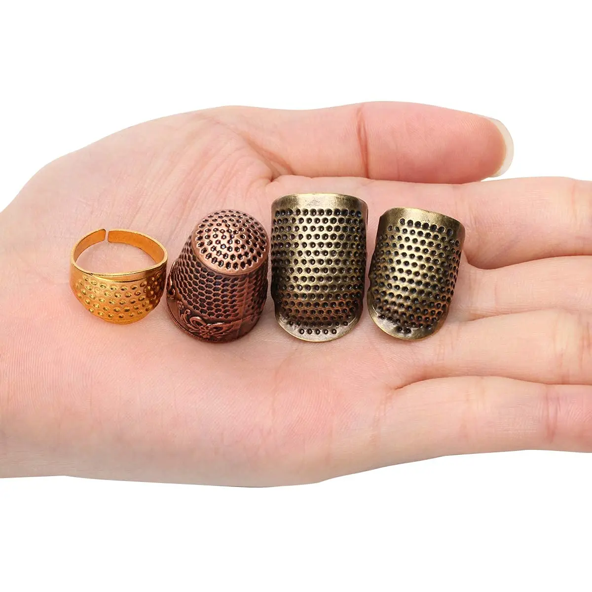 Zhaoyao 4 Piece Sewing Thimble Set Adjustable Metal Finger Protector for Needlework & DIY Sewing (4 Styles, Brass, 1.4cm x 2.5cm x 1.7cm) - view 5
