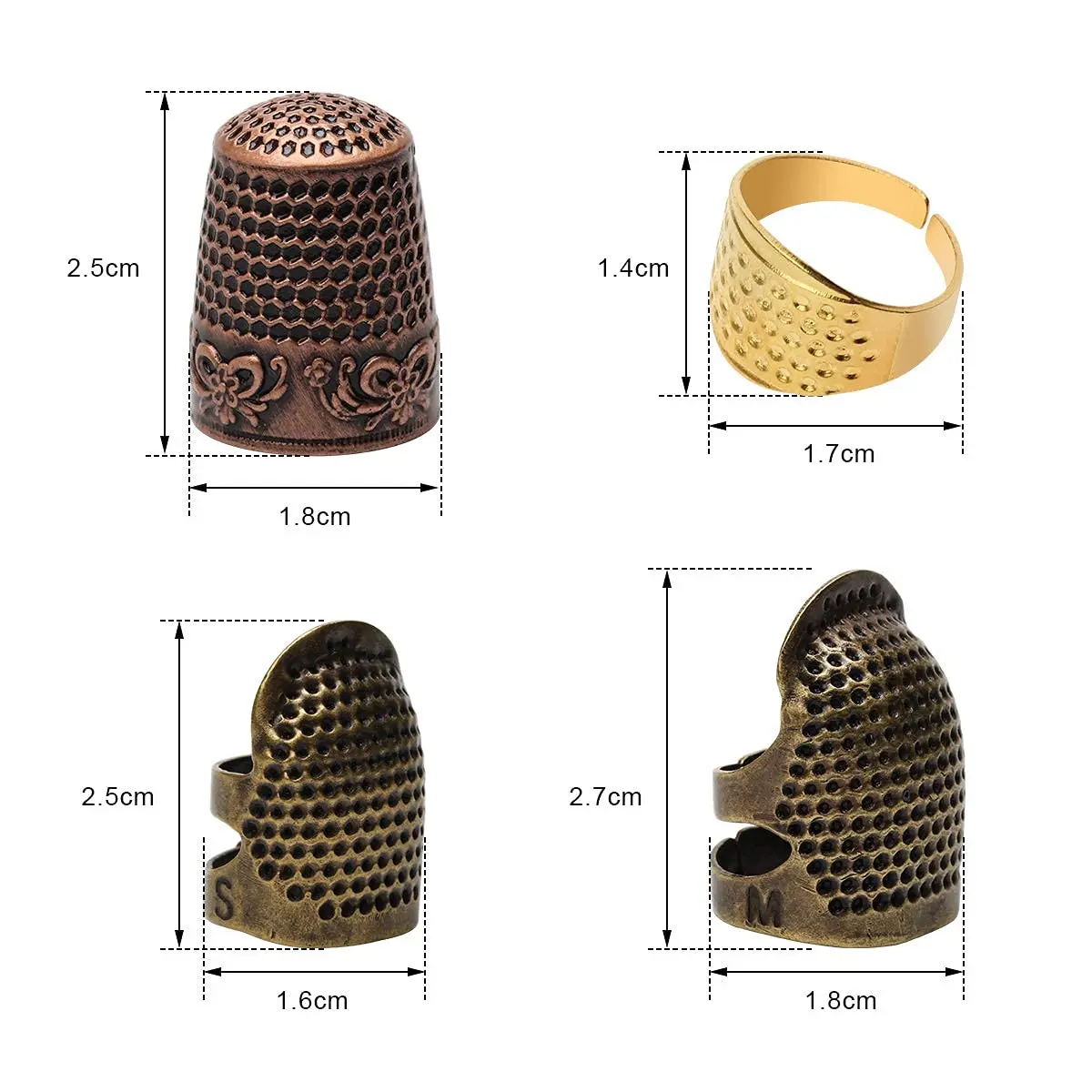 Zhaoyao 4 Piece Sewing Thimble Set Adjustable Metal Finger Protector for Needlework & DIY Sewing (4 Styles, Brass, 1.4cm x 2.5cm x 1.7cm) - view 2