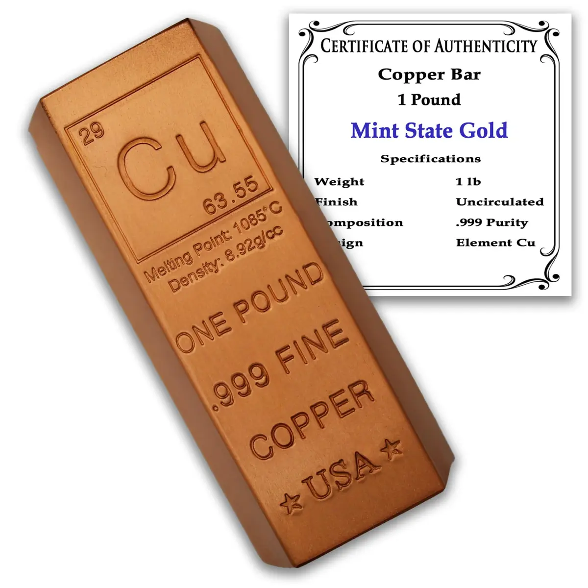 MINT STATE GOLD 1 Pound Copper Bar Trapezoid Ingot .999 Pure Paperweight | Periodic Element Design - main product image