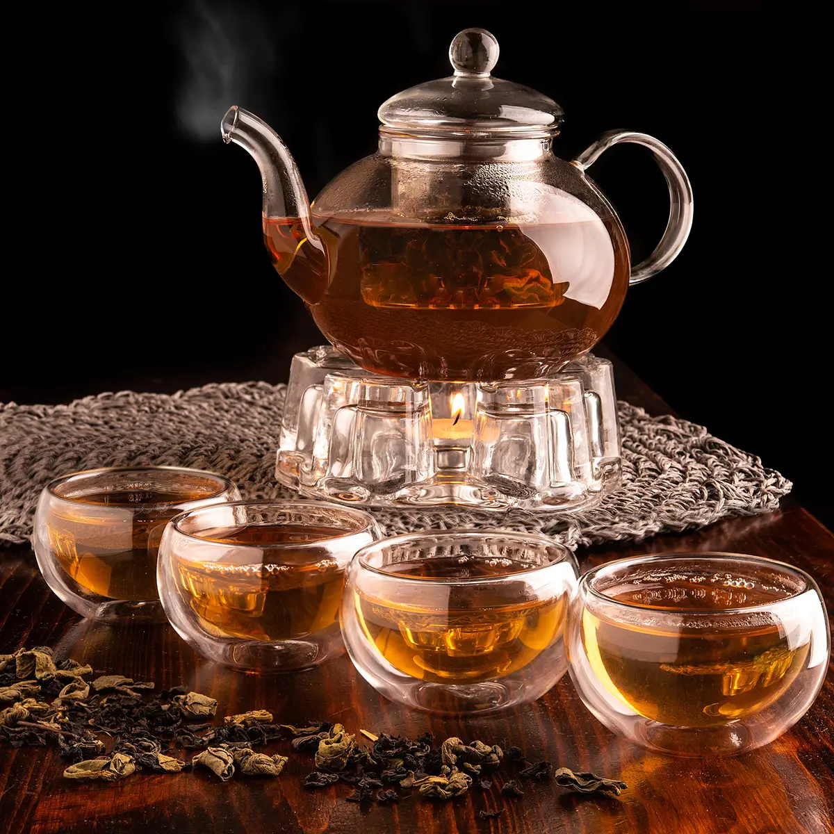 Moss & Stone Glass Tea Kettle Infuser & 4 Cups Gift Set 1L (27oz) | Borosilicate Glass Teapot with Removable Strainer & 80ml Cups - view 6
