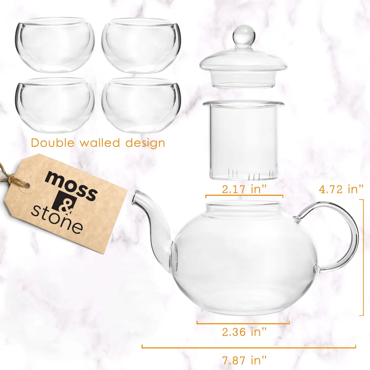 Moss & Stone Glass Tea Kettle Infuser & 4 Cups Gift Set 1L (27oz) | Borosilicate Glass Teapot with Removable Strainer & 80ml Cups - view 2