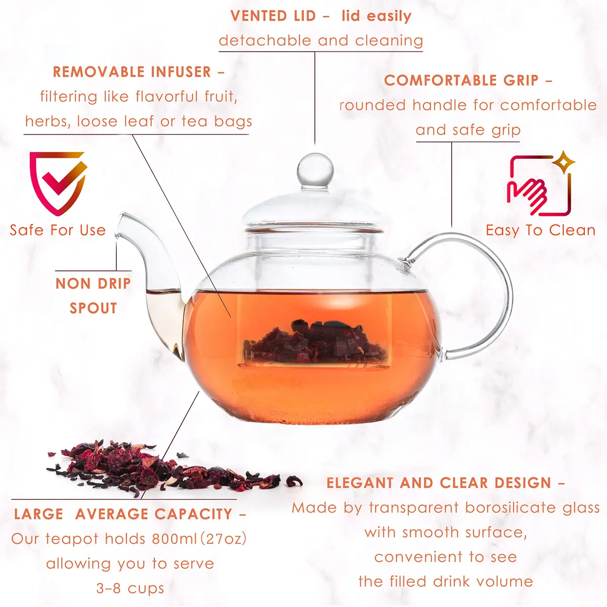 Moss & Stone Glass Tea Kettle Infuser & 4 Cups Gift Set 1L (27oz) | Borosilicate Glass Teapot with Removable Strainer & 80ml Cups - view 3