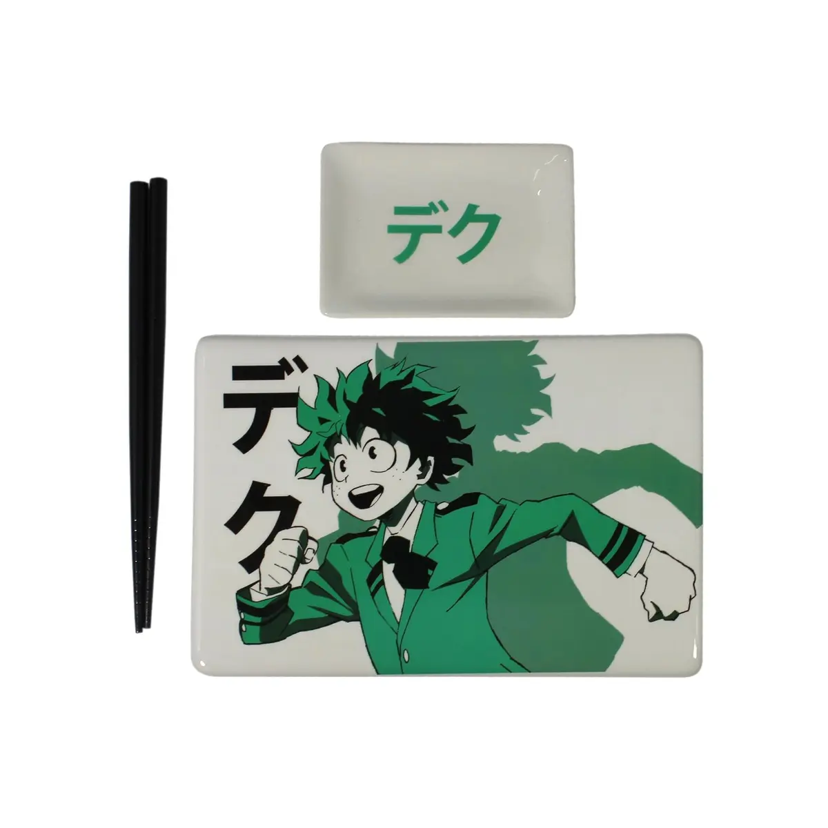 JUST FUNKY My Hero Academia Deku Sushi Plate Set | 5.5” x 8.2” Ceramic Plate, Soy Sauce Dish & Chopsticks, Green - main product image