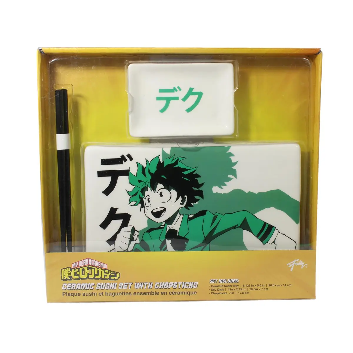 JUST FUNKY My Hero Academia Deku Sushi Plate Set | 5.5” x 8.2” Ceramic Plate, Soy Sauce Dish & Chopsticks, Green - view 2