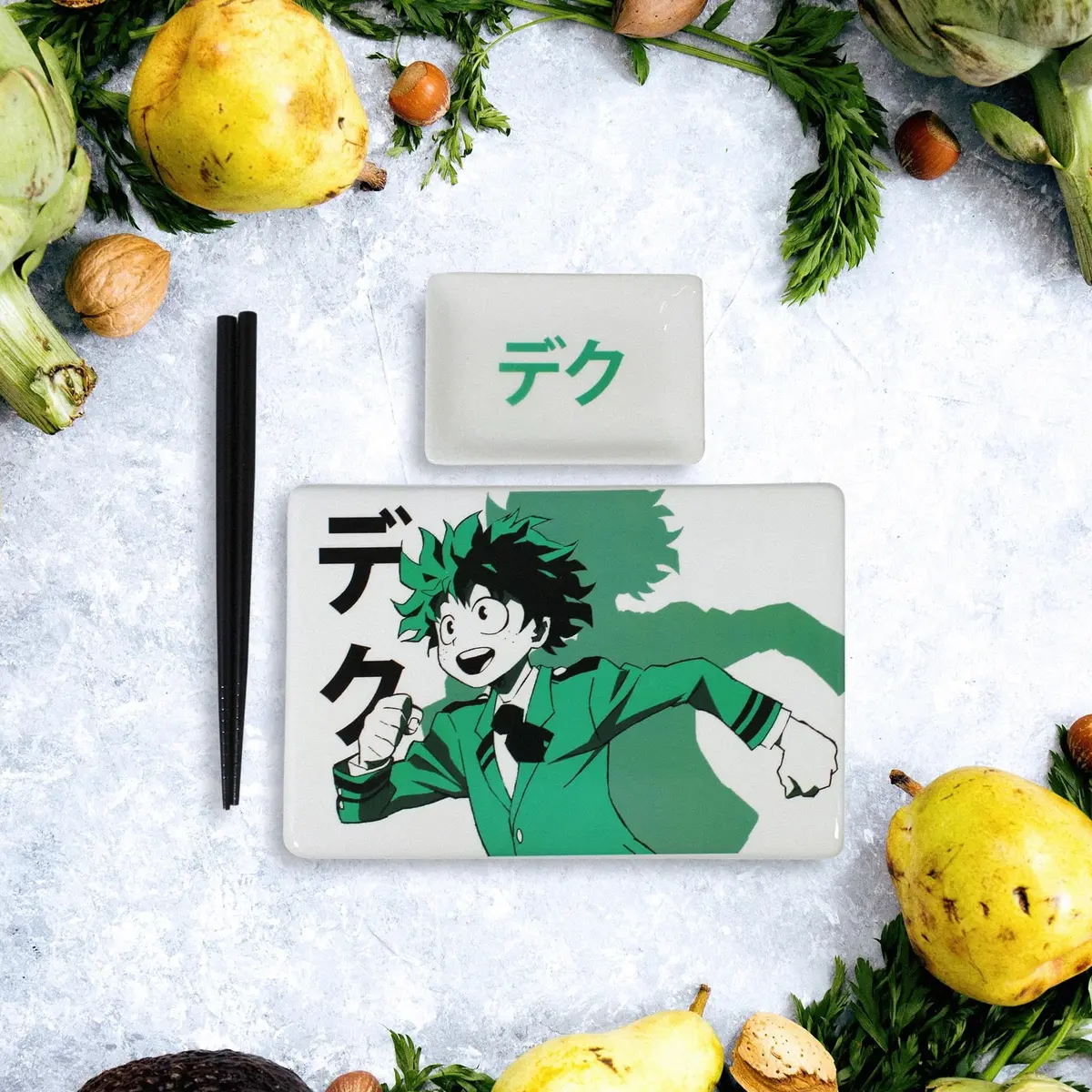 JUST FUNKY My Hero Academia Deku Sushi Plate Set | 5.5” x 8.2” Ceramic Plate, Soy Sauce Dish & Chopsticks, Green - view 3