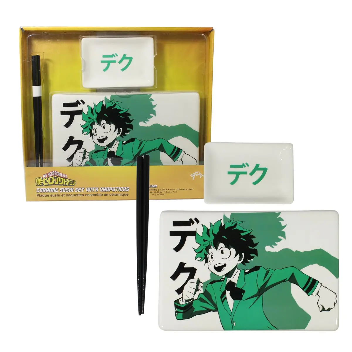 JUST FUNKY My Hero Academia Deku Sushi Plate Set | 5.5” x 8.2” Ceramic Plate, Soy Sauce Dish & Chopsticks, Green - view 4