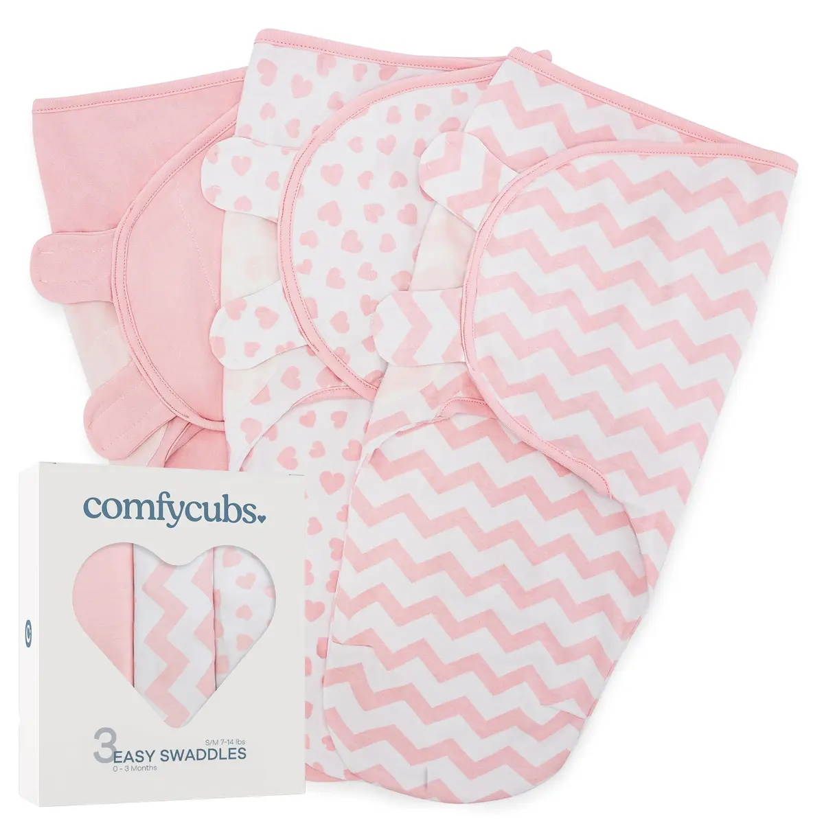 Comfy Cubs Baby Swaddle Blanket Small | Breathable 100% Cotton, Adjustable, 3-Pack Pink - main product image