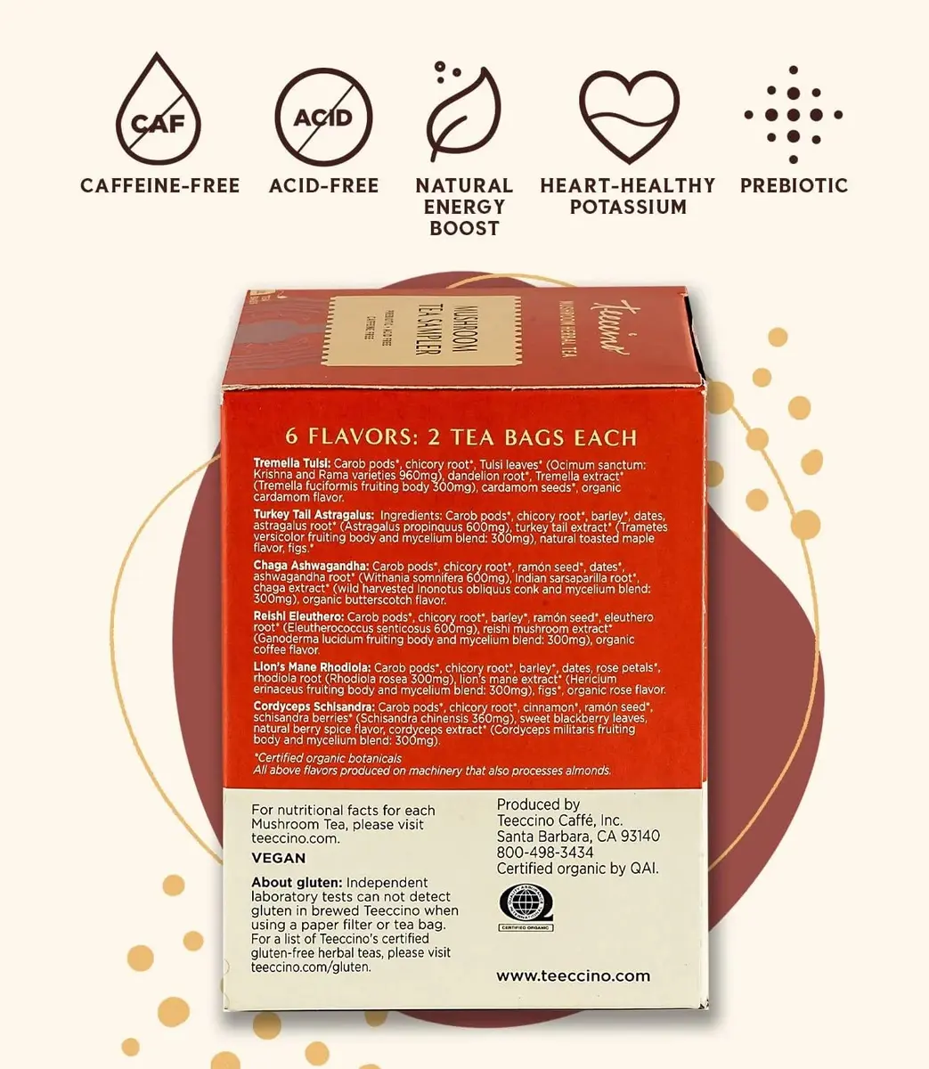Teeccino Mushroom Herbal Tea - Mushroom Adaptogen Tea Sampler - 12 Tea Bags | Support Your Health with Mushrooms & Adaptogenic Herbs - view 2