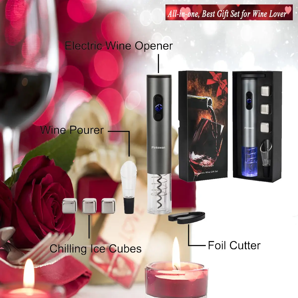 Pinkswan Electric Wine Opener Gift Set with Whiskey Stones | Effortless Corkscrew & Accessories - view 2