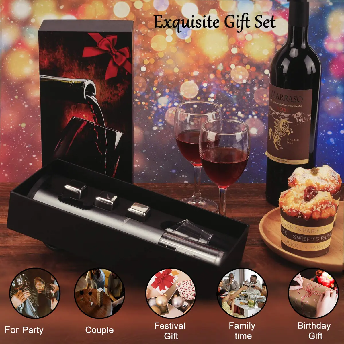 Pinkswan Electric Wine Opener Gift Set with Whiskey Stones | Effortless Corkscrew & Accessories - view 3