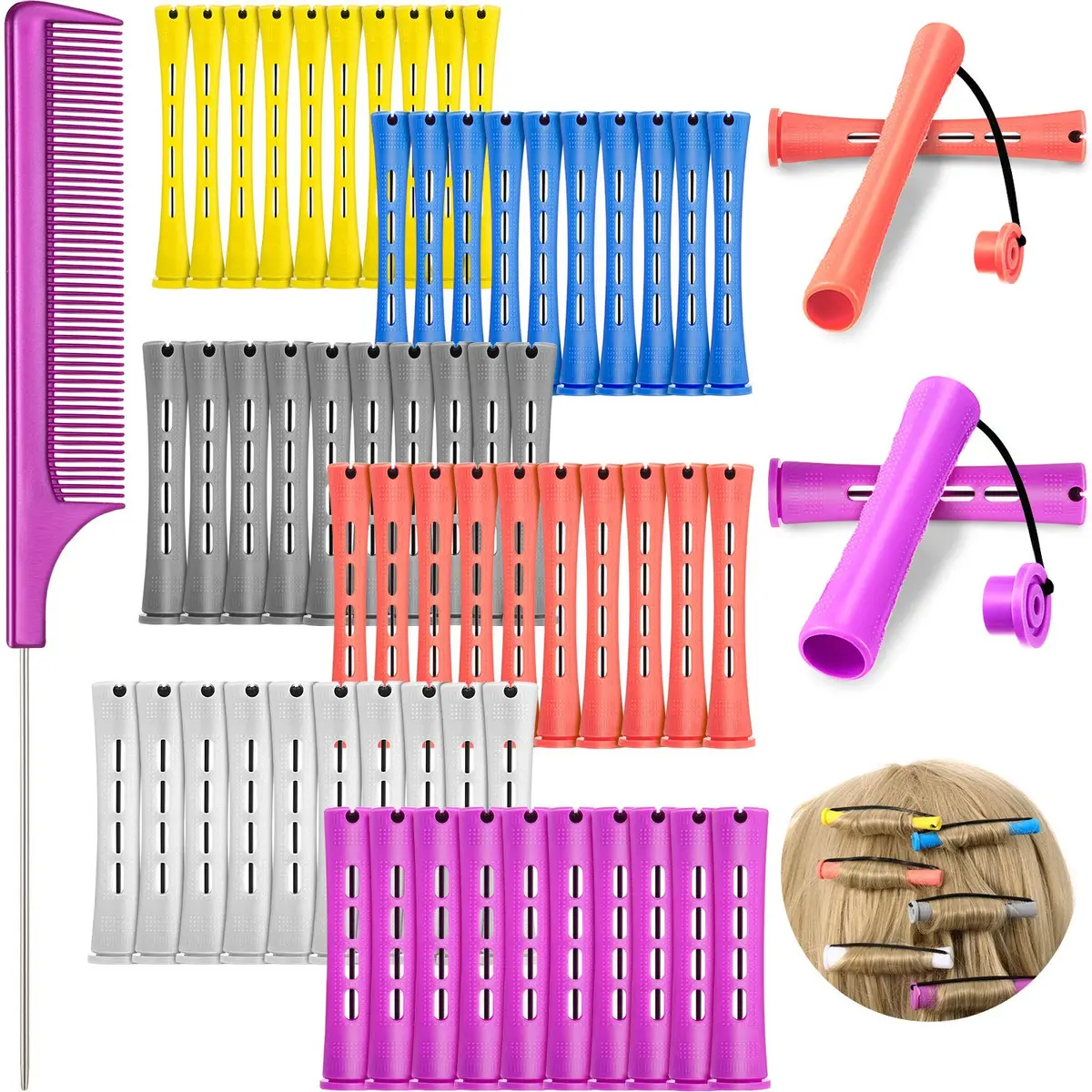 WILLBOND 60 Pcs Hair Perm Rods Set with Tail Comb, Multi Sizes (0.75-0.28 inch) - main product image