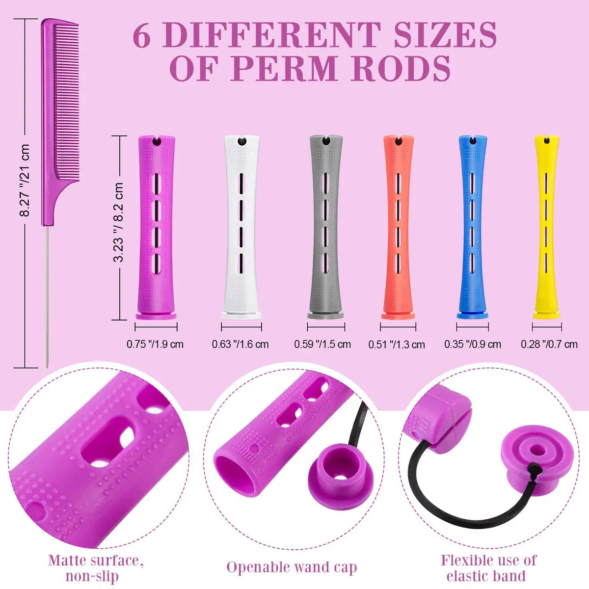 WILLBOND 60 Pcs Hair Perm Rods Set with Tail Comb, Multi Sizes (0.75-0.28 inch) - view 2