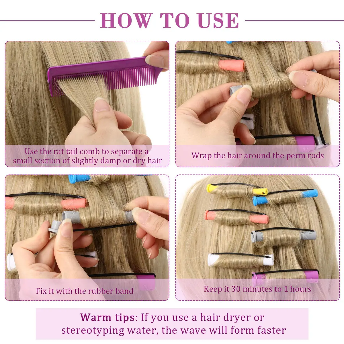 WILLBOND 60 Pcs Hair Perm Rods Set with Tail Comb, Multi Sizes (0.75-0.28 inch) - view 3