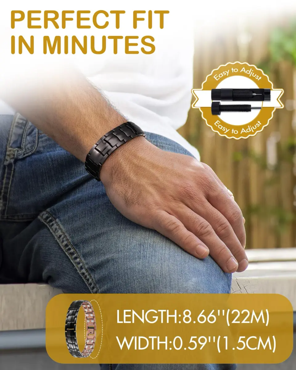 Feraco Men's Copper Magnetic Bracelet Black | Adjustable Size with 46 Magnets - view 6