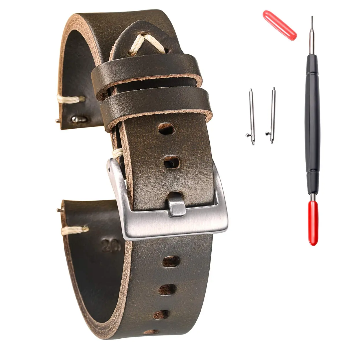 hemsut h Horween Leather Watch Band Green 20mm (0.79 inch) | Quick Release Handmade Vintage Replacement - main product image