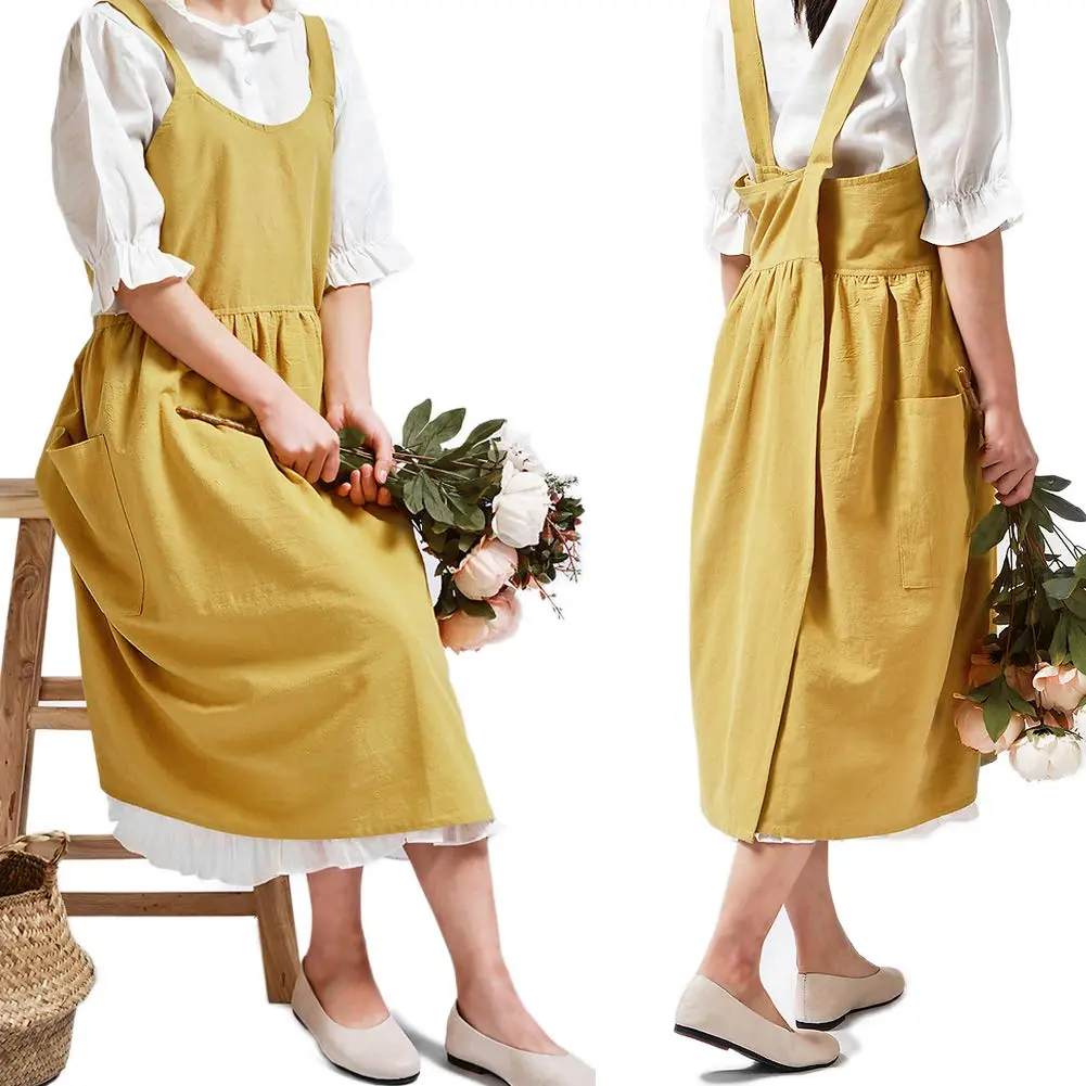NEWGEM Japanese Cotton Cross Back Pinafore Apron for Women with Pockets Yellow 80cm (31.5in) - main product image