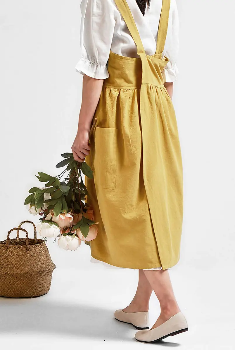NEWGEM Japanese Cotton Cross Back Pinafore Apron for Women with Pockets Yellow 80cm (31.5in) - view 5