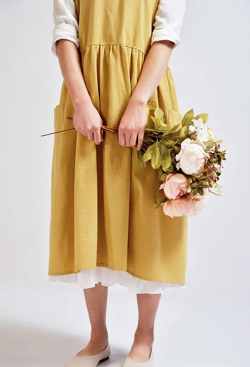 NEWGEM Japanese Cotton Cross Back Pinafore Apron for Women with Pockets Yellow 80cm (31.5in) - view 6