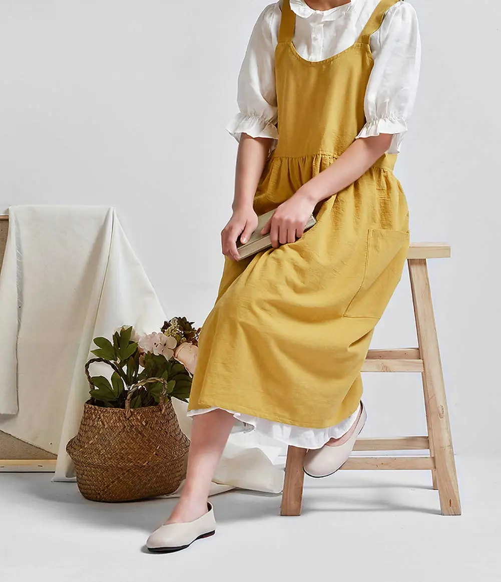 NEWGEM Japanese Cotton Cross Back Pinafore Apron for Women with Pockets Yellow 80cm (31.5in) - view 2