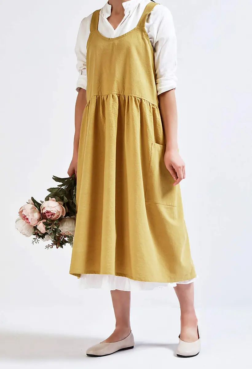 NEWGEM Japanese Cotton Cross Back Pinafore Apron for Women with Pockets Yellow 80cm (31.5in) - view 3