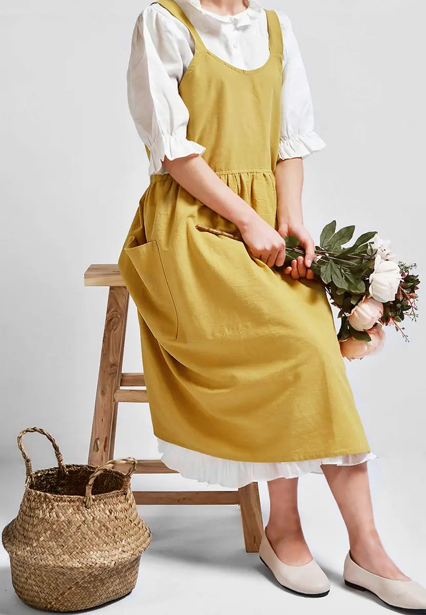 NEWGEM Japanese Cotton Cross Back Pinafore Apron for Women with Pockets Yellow 80cm (31.5in) - view 4