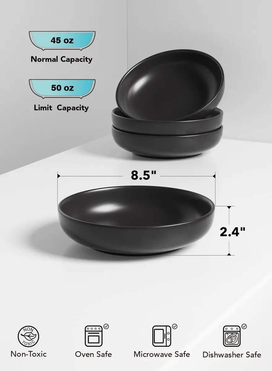LE TAUCI Pasta Bowls 45 oz Set of 4 | Large Microwave-Safe Dinnerware in Matte Black - view 5