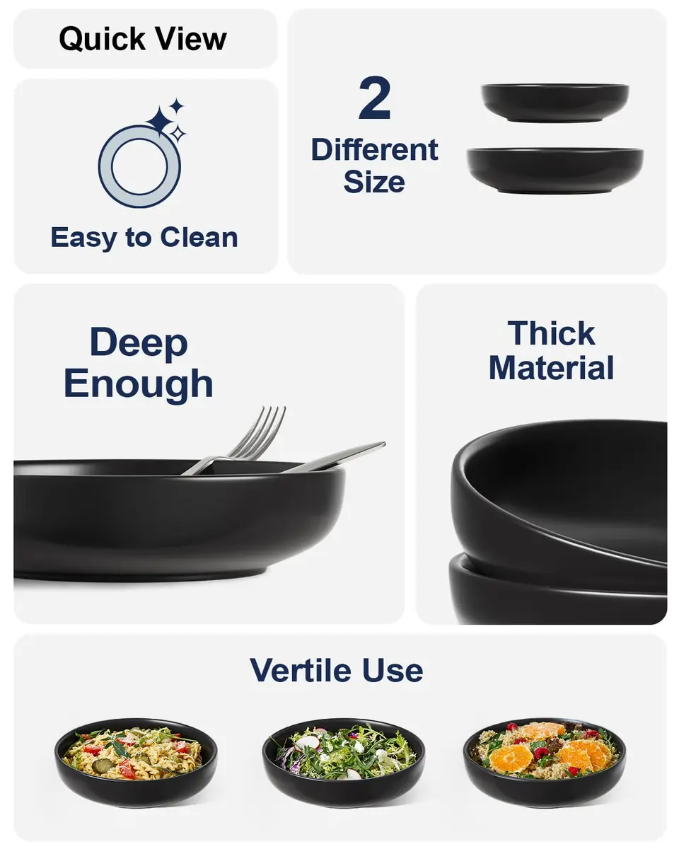 LE TAUCI Pasta Bowls 45 oz Set of 4 | Large Microwave-Safe Dinnerware in Matte Black - view 4