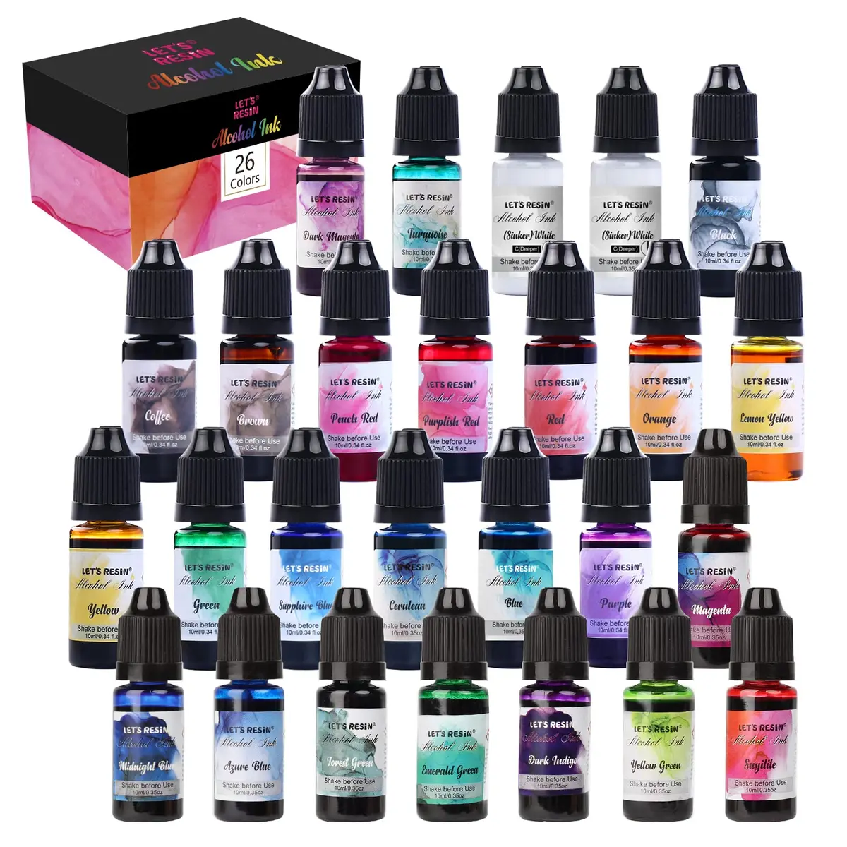 LET'S RESIN Concentrated Alcohol Ink Set 26 Colors (10ml/0.35oz Each) | Vibrant, Highly Pigmented for Resin Art - main product image